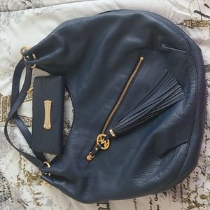 MICHAEL KORS Dark Blue Leather Tassel Large Tote Bag Purse and matching wallet